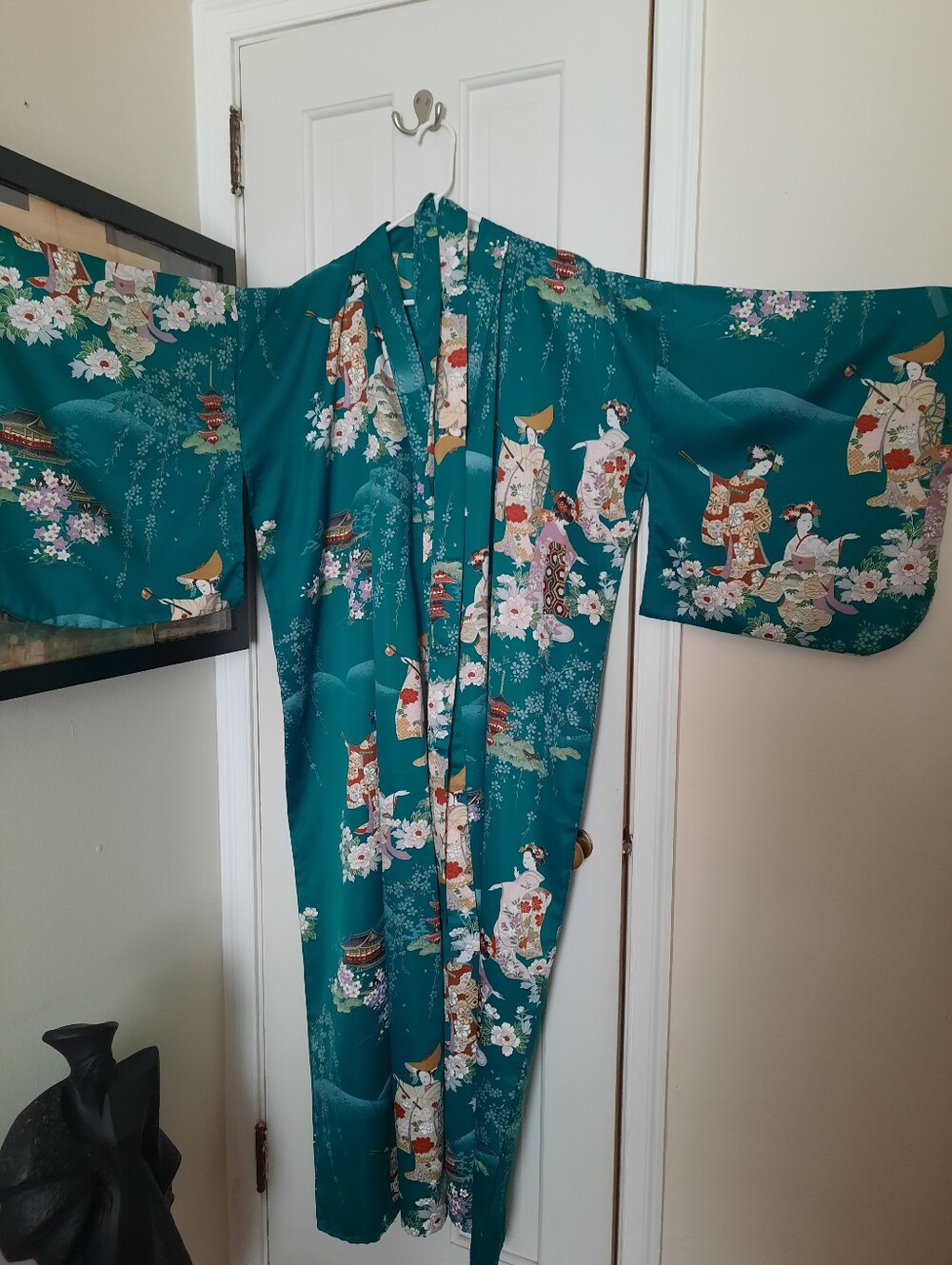 Authentic Original Vintage Style Teal Floral Asian Print Robe